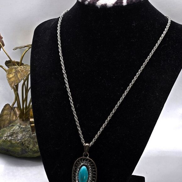 "5/$25" Silvertone Bronze Turquoise Rhinestone Southwestern Pendant Necklace - Picture 7 of 10